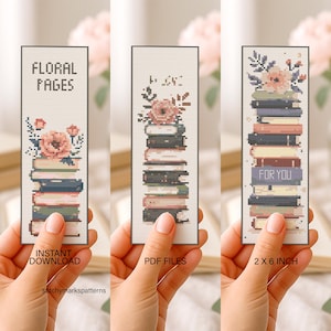 Floral Book Stack Bookmark Cross Stitch Pattern, Mini Embroidery PDF (Instant Download)