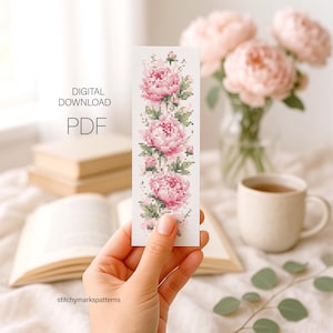 Peony Cross Stitch Bookmark PDF | Pink Floral Mini Pattern | Summer Flower Embroidery Chart, Gift
