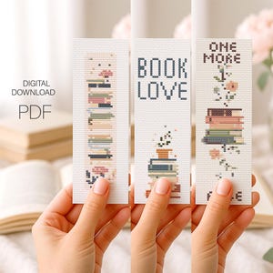 Set of 3 Bookmarks Cross Stitch Pattern | Book Lover Gift | Floral Book Stack Embroidery