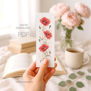 ポピーのしおりクロスステッチパターンPDF、植物柄ミニチャート、本好きへのDIYギフト