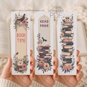 Book Cross Stitch Pattern Set: Floral Bookmark PDF Bundle, Read More Bookish Chart