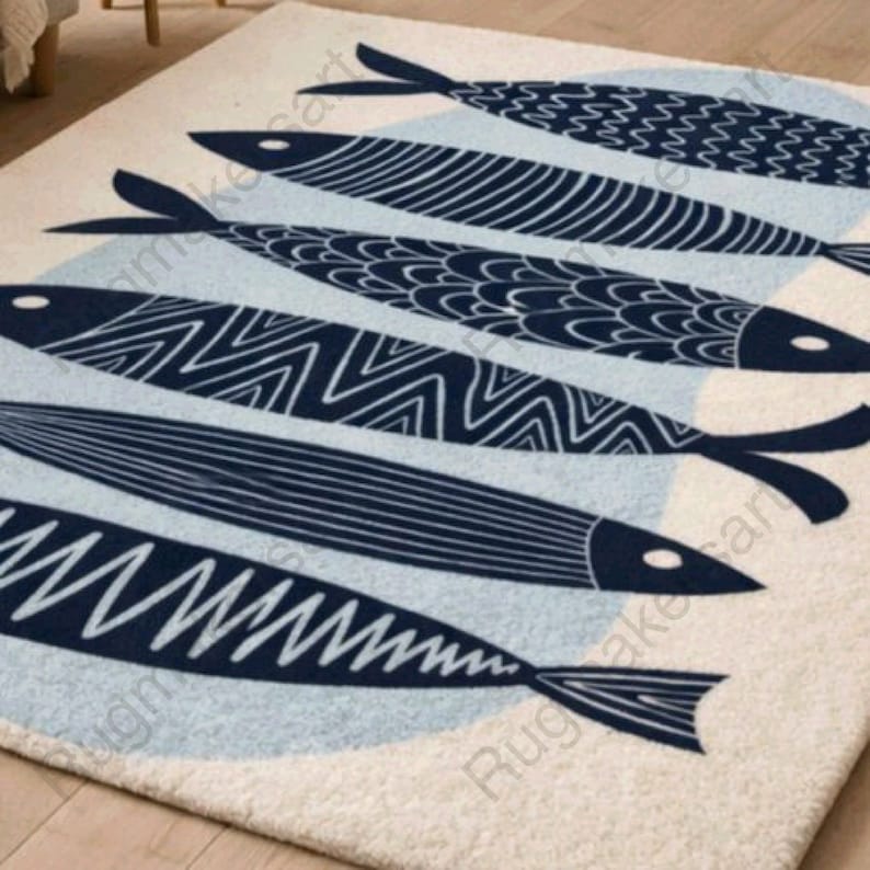Hand-tufted Wool Coastal Fish Rug, Nautical Ocean, Scandinavian Nature ...