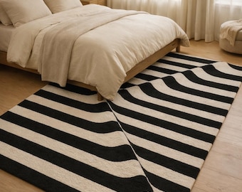 Schwarz Weiß Gestreifter Teppich, Handgetufteter Moderner Bereich Teppich, Minimalistisches Schlafzimmer Dekor