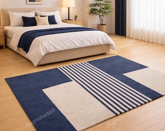 Blauer geometrischer Teppich, moderner getufteter Wollteppich, zeitgenössischer Wohnzimmerteppich