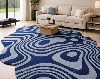 Blue Abstract Rug, Irregular Shape Hand Tufted Wool Area Rug, Modern Carpet