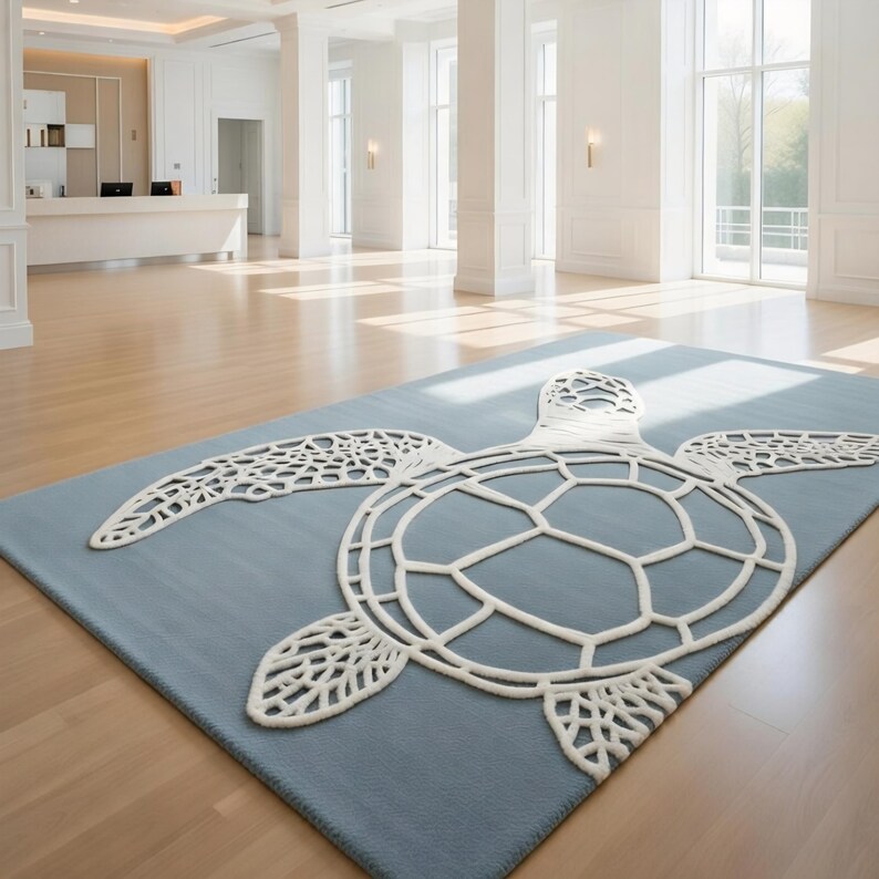 Turtle Rug Cream Hand Tufted Sea Turtle Rug, Coastal Ocean Decor, Beach House Floor ...