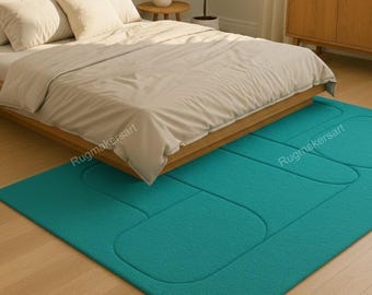 Teal Hand Tufted Wool Rug, Modern Geometric Minimalist Carpet, Scandinavian Decor
