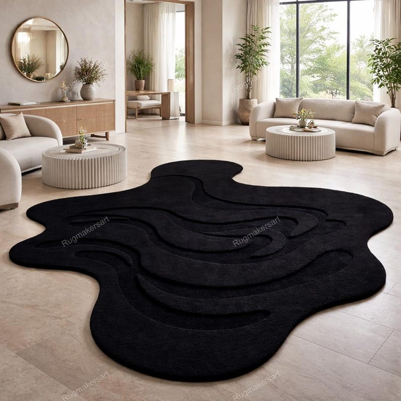 Hand-tufted Black Wool Rug – Modern Sculpted High-low Pile - Etsy