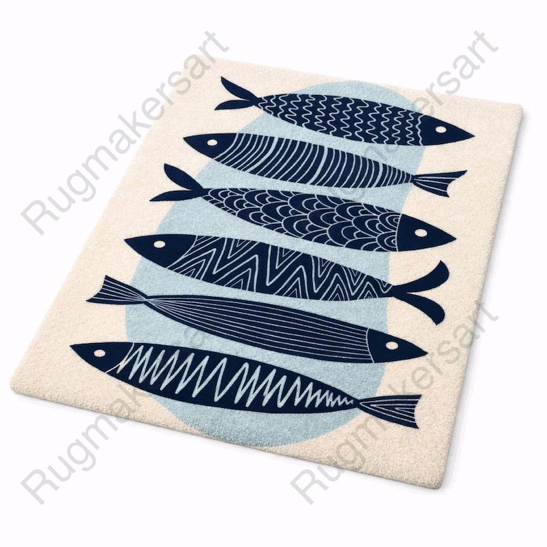 Hand-tufted Wool Coastal Fish Rug, Nautical Ocean, Scandinavian Nature ...