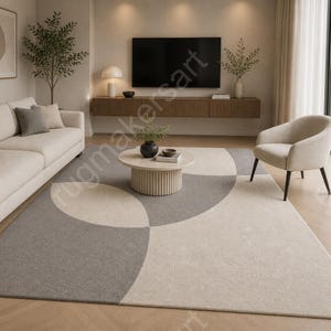 Alfombra moderna abstracta de lana gris crema tejida a mano de 8x10 pies para sala de estar. Alfombra minimalista para sala de estar.