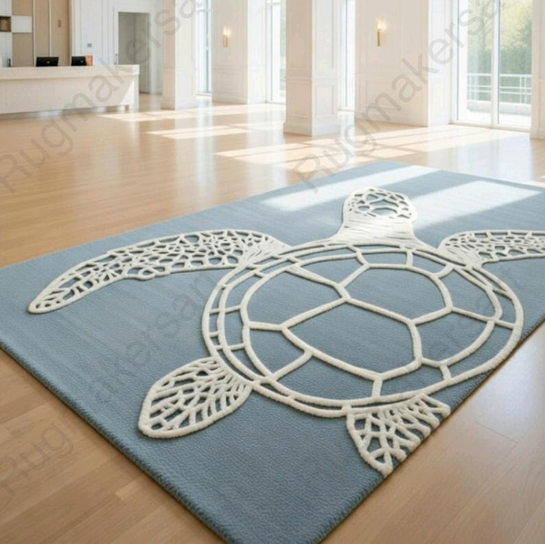 Hand Tufted Sea Turtle Rug, Coastal Ocean Decor, Beach House Floor ...