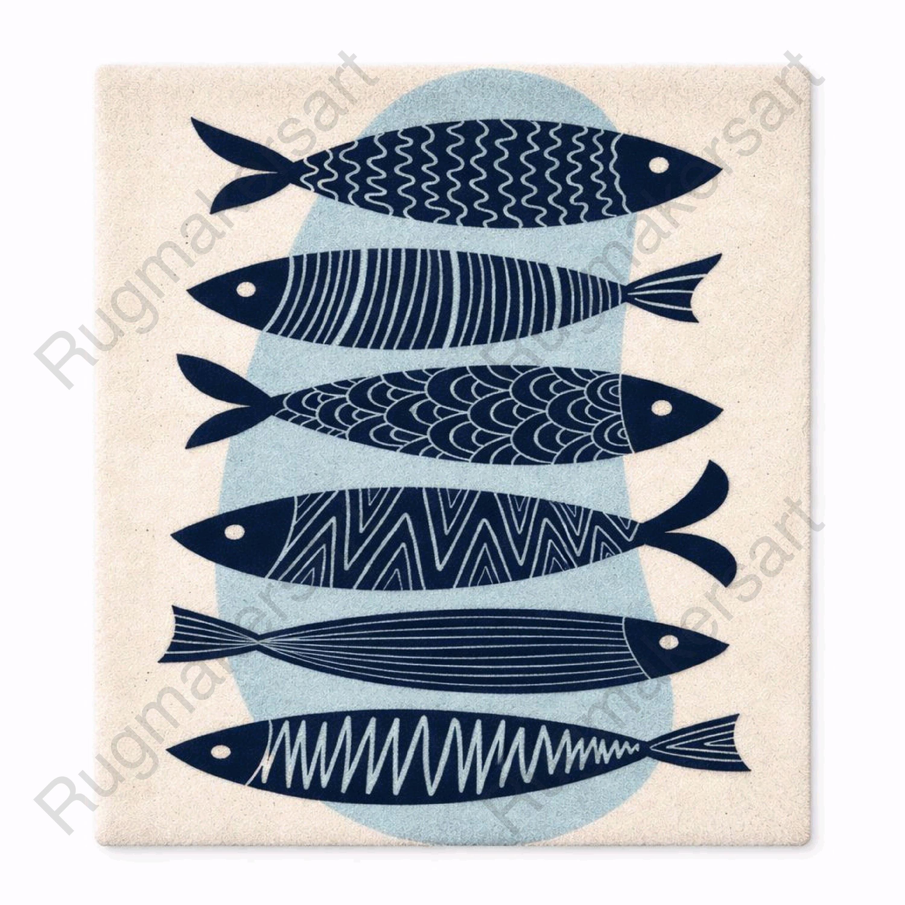 Hand-tufted Wool Coastal Fish Rug, Nautical Ocean, Scandinavian Nature ...