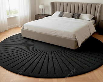 Modern Black Round Rug | Minimalist Bedroom & Living Room Carpet | Handwoven Circular Area Rug