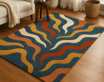 Abstract Wave Hand Tufted Wool Rug, Mid Century Modern Carpet, Blue Retro Area Rug