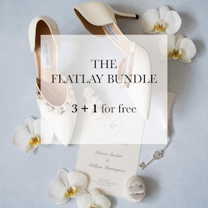 Könnte beinhalten: Ein Flatlay-Arrangement mit elfenbeinfarbenen Jimmy Choo-Absätzen, weißen Orchideen und einer Hochzeitseinladung. Der Text "THE FLATLAY BUNDLE 3+1 for free" ist zu sehen. Ein kleiner Schlüssel und eine Ringschatulle sind ebenfalls enthalten.