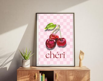 Pink Cherry Wall Art – Playful Fruit Poster, Soft Minimal Kitchen Decor