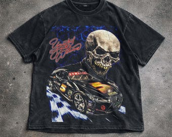 Racing Skull Vintage Shirt, Streetwear Grafik T-Shirt, Schädel Auto Shirt, Gothic Hoodie Sweatshirt, Geschwindigkeit Ästhetik Shirt, Unisex Geschenk.