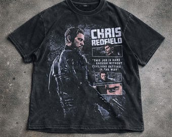 Koszulka z nadrukiem Chrisa Redfielda z kolekcji Resident Evil, vintage, sprana, zniszczona, bluza z kapturem, unisex, prezent dla niego i dla niej.