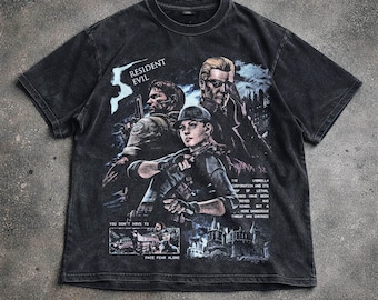 Koszulka Resident Evil Vintage Washed Leon Jill Wesker Graphic Tee zniszczona bluza z kapturem Unisex Gamer Prezent dla niego i dla niej.