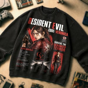 May include: A black crewneck sweatshirt featuring a Resident Evil Code: Veronica graphic. The design includes Claire Redfield, the text "Survive the deranged terror," the Umbrella Corporation logo, and character profile details in white and red ink.
