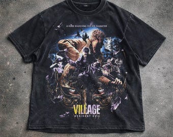 Koszulka Resident Evil Village z nadrukiem Survival Horror Game, koszulka z nadrukiem w stylu vintage, sprana, z kapturem, bluza z kapturem, odzież dla fanów gier wideo.