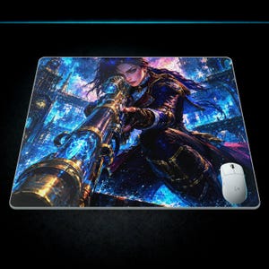 May include: A rectangular gaming mouse pad featuring a vibrant digital illustration of a character aiming a large, glowing blue and gold futuristic rifle. The background depicts a dark, intricate cityscape under a bright blue and purple sky.