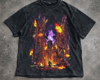 Brennende Stadt Vintage Shirt, Apokalypse Grafik T-Shirt, dunkles Streetwear Shirt, Urban Chaos Hoodie Sweatshirt, Filmästhetik, Unisex Geschenk.