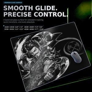 May include: A rectangular glass mousepad featuring a black and white illustration of a warrior holding two axes. The text reads: PREMIUM GLASS SURFACE, SMOOTH GLIDE. PRECISE CONTROL. A balanced glass surface for consistent tracking, quick transitions, and every playstyle. Available in sizes 25cm x 20cm (9.85" x 7.9"), 30cm x 25cm (11.8" x 9.8"), 35cm x 26cm (13.8" x 10.2"), and 45cm x 40cm (17.7" x 15.8"). A white computer mouse sits on the surface.