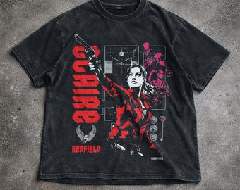 Koszulka z grafiką inspirowaną grą Resident Evil 2, czarna, sprana koszulka gamingowa z wizerunkiem Claire Redfield, odzież dla fanów gier wideo w klimacie horroru retro.