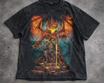 Koszulka z motywem mrocznego smoka fantasy, koszulka z motywem króla smoka w stylu vintage, koszulka z grafiką średniowiecznego wojownika, bluza z kapturem w stylu gotyckim, prezent unisex.
