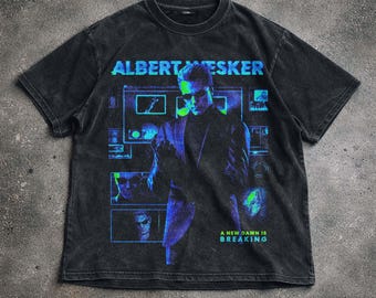 Koszulka z grafiką w stylu retro horroru z motywem Resident Evil Albert Wesker, czarna, sprana koszulka z motywem gry wideo, koszulka gamingowa w stylu vintage dla fanów.