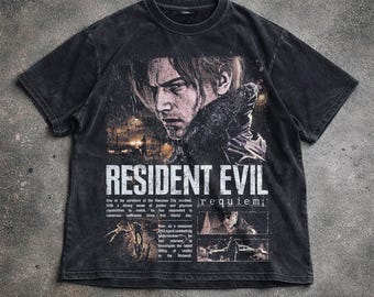 T-shirt Resident Evil Requiem con effetto lavato, maglietta con grafica di Leon Kennedy, t-shirt survival horror, felpa con cappuccio unisex, regalo per appassionati di videogiochi.