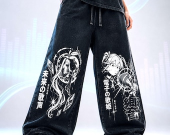 Vintage Miku Teto Inspired Washed Black Sweatpants, Vocaloid Anime Streetwear Pants, Wide Leg Graphic Joggers, Oversized Unisex Gift.