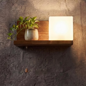 Cube Glass Shelf Wall Sconce, Wood Bracket Wall Light, Creative Japandi Bedroom Lamp, Pull Chain Wall Sconce, Minimalist Bedside Light