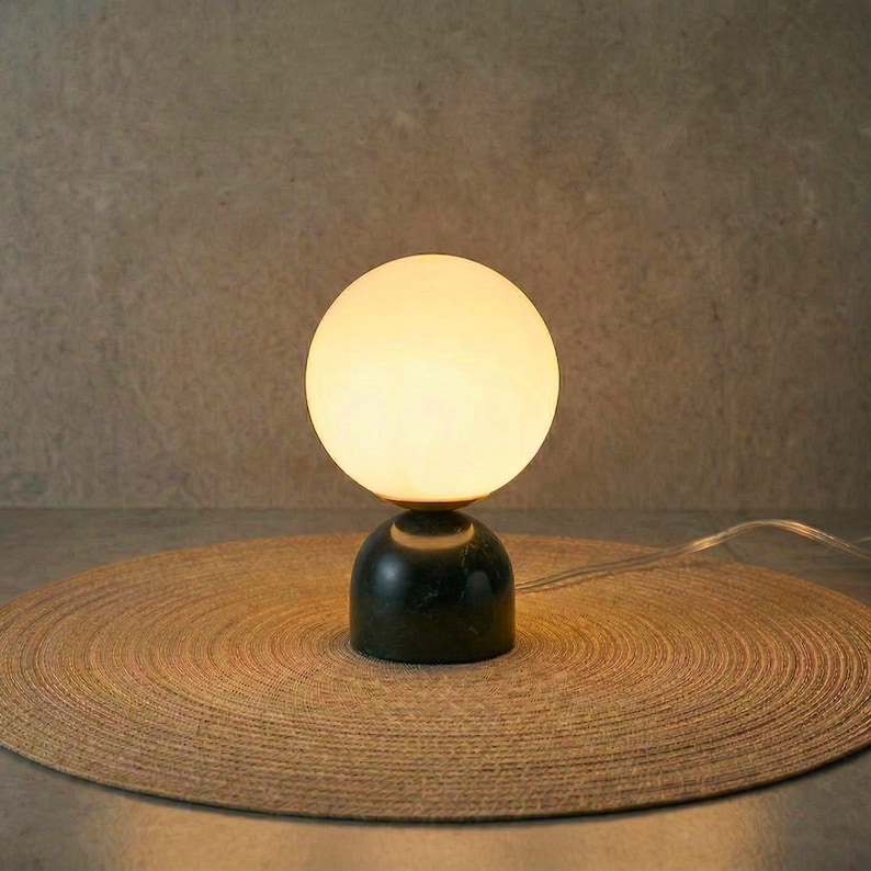 Mini Marble Globe Table Lamp, Glass Orb Desk Light, Minimalist Accent Lighting, Modern Organic Bedside Lamp, Handmade Sculptural Small Lamp Black