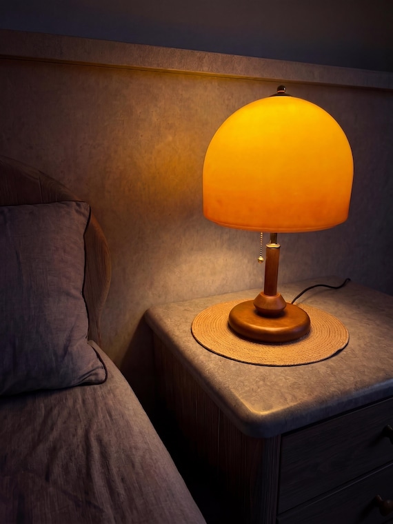 Sunset Gradient Glass Table Lamp, Wooden Base Bedside Light, Mid Century Modern Decor, Warm Ambient Bedroom Lamp, Solid Wood Accent Lighting