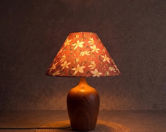 Lily Print Wooden Table Lamp, Minimalist Wood Grain Lamp, Wabi Sabi Living Room Light, Ambient Floral Lighting, 3 Color Bulb