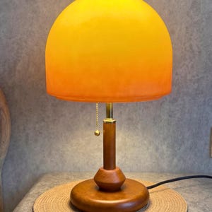 Sunset Gradient Glass Table Lamp, Wooden Base Bedside Light, Mid Century Modern Decor, Warm Ambient Bedroom Lamp, Solid Wood Accent Lighting image 4
