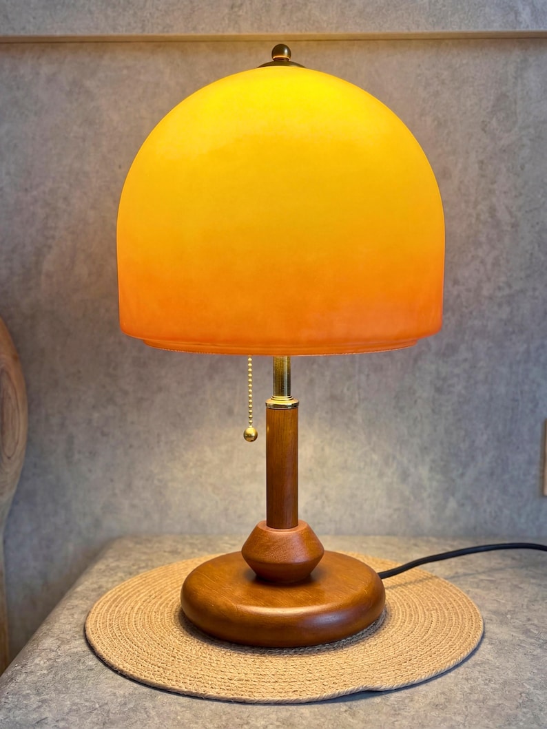 Sunset Gradient Glass Table Lamp, Wooden Base Bedside Light, Mid Century Modern Decor, Warm Ambient Bedroom Lamp, Solid Wood Accent Lighting image 4