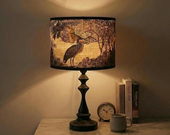 Heron Bamboo Table Lamp, Vintage Bird Desk Light, Handcrafted Bamboo Art Lampshade, Ambient Home & Bedroom Lighting, Housewarming Gifts