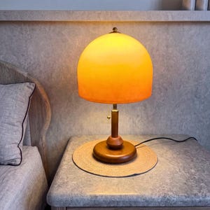 Sunset Gradient Glass Table Lamp, Wooden Base Bedside Light, Mid Century Modern Decor, Warm Ambient Bedroom Lamp, Solid Wood Accent Lighting image 3