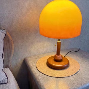Sunset Gradient Glass Table Lamp, Wooden Base Bedside Light, Mid Century Modern Decor, Warm Ambient Bedroom Lamp, Solid Wood Accent Lighting image 2