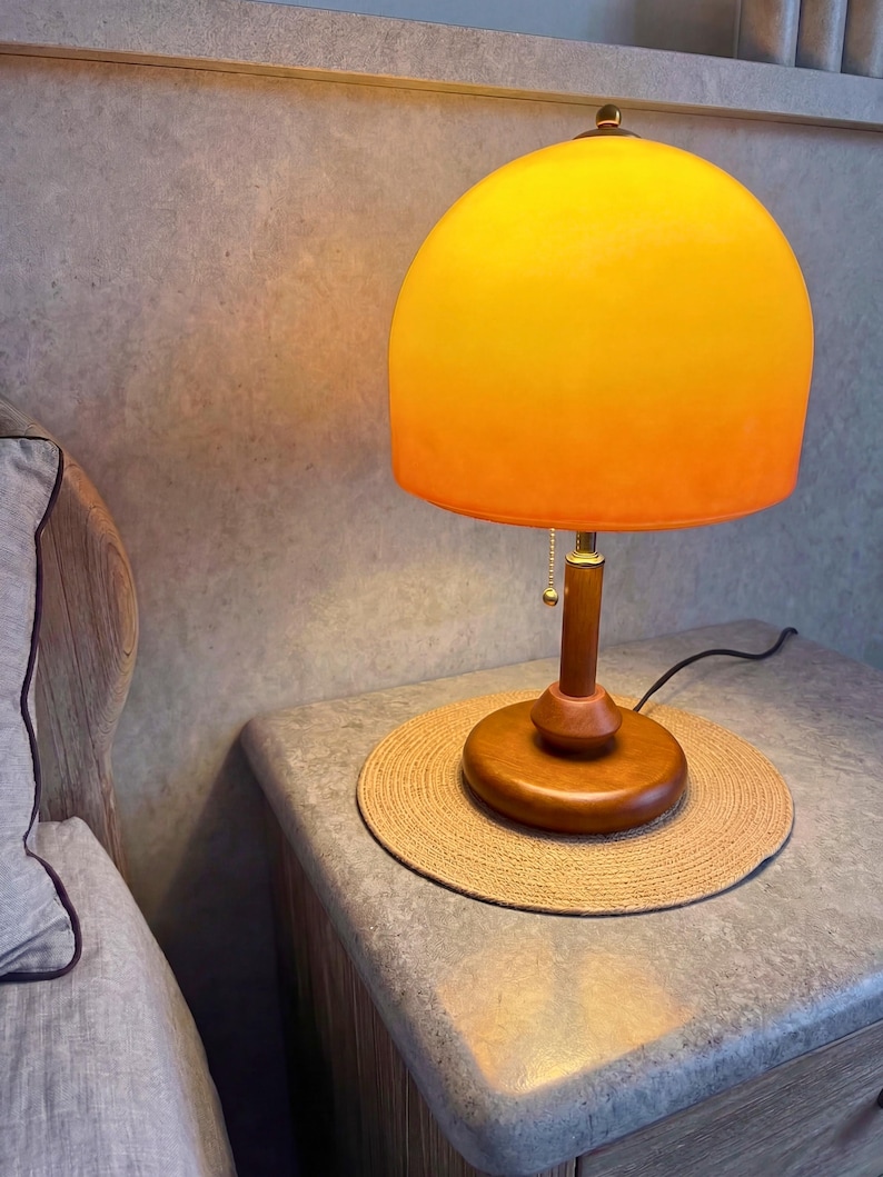 Sunset Gradient Glass Table Lamp, Wooden Base Bedside Light, Mid Century Modern Decor, Warm Ambient Bedroom Lamp, Solid Wood Accent Lighting image 2
