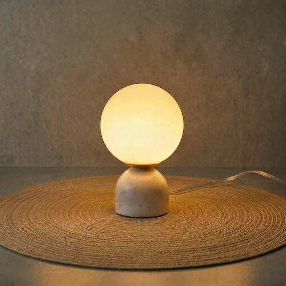 Mini Marble Globe Table Lamp, Glass Orb Desk Light, Minimalist Accent Lighting, Modern Organic Bedside Lamp, Handmade Sculptural Small Lamp