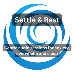 May include: A blue and white circular logo with the text "Settle & Rest" in white on a dark gray background. Below, the text reads "Gentle audio sessions for anxiety, overwhelm and sleep."