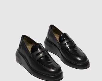 Fly London Blar Leather Wedge Loafers Black Patent Trim Round Toe (US 9.5-10)
