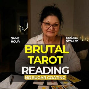 Könnte beinhalten: Eine Person mit dunklem Haar und Brille in einem weißen Hemd, sitzend vor einem Tisch mit Tarotkarten und einem Notizbuch. Die Texteinblendungen lauten: SAME HOUR, PREMIUM DETAILED, BRUTAL TAROT READING und NO SUGAR COATING in Gelb und Weiß.