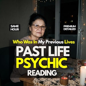 May include: A person with dark hair and glasses sits at a table with a deck of cards, a small wooden candle holder, and a white pillar candle. Text on the image reads: SAME HOUR, PREMIUM DETAILED, Who Was In My Previous Lives, PAST LIFE PSYCHIC READING.