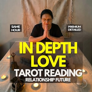 May include: A tarot reading service featuring the text SAME HOUR, PREMIUM DETAILED, IN DEPTH LOVE TAROT READING RELATIONSHIP FUTURE. The scene includes a person with hands pressed together, a metal bell, candles, and crystals on a linen cloth.