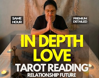 Puede incluir: Un servicio de lectura de tarot con el texto SAME HOUR, PREMIUM DETAILED, IN DEPTH LOVE TAROT READING RELATIONSHIP FUTURE. La escena incluye a una persona con las manos juntas, una campana de metal, velas y cristales sobre un mantel.